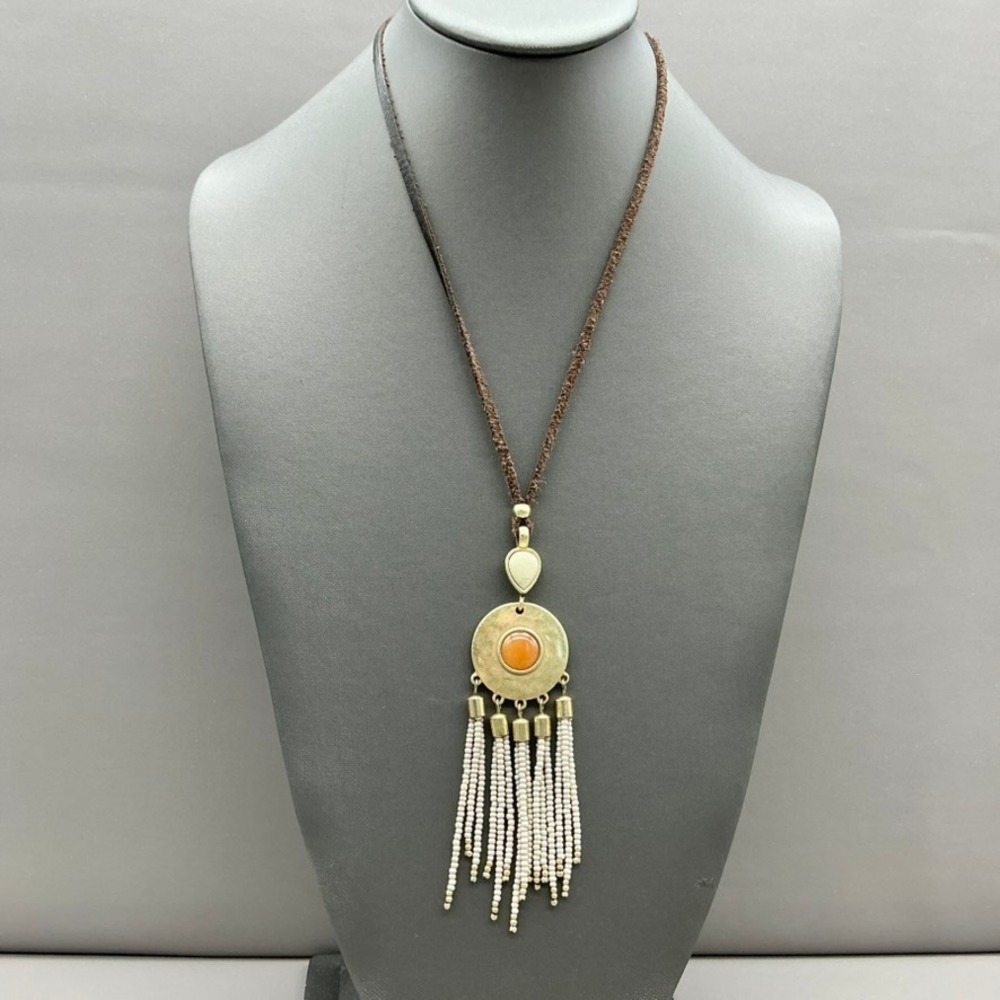 Lucky Brand Pendant Necklace Women Brown Gold Tone Beaded Tassel Boho Adjustable